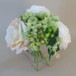 Vintage Artificial Flowers Posy | Roses Peonies and Hydrangeas Cream Green 23cm - R668 BX16
